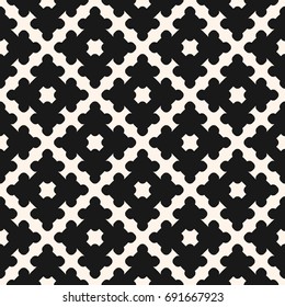 Simple monochrome vector geometric ornament, abstract seamless pattern with smooth floral shapes. Curved geometrical texture, repeat black & white background. Design element for prints, decor, fabric