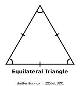 Simple monochrome vector graphic of an equilateral triangle. This is a shape with three sides of equal length and all angles equal to sixty degrees