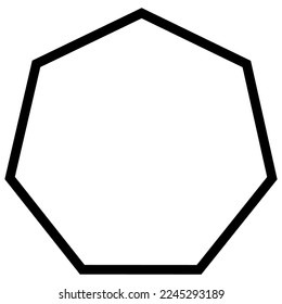 Simple monochrome vector graphic of a heptagon. A seven sided polygon having each side equal and all seven corners measuring an angle of one hundred and twenty eight point five seven degrees