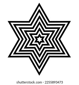 Gráfico vectorial monocromo simple de una estrella repetida de seis puntas sobre un fondo blanco. Todos los lados y ángulos son mutuamente iguales