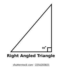 Simple monochrome vector graphic of a right angled triangle. This is a shape with three sides and one angle is a right angle or 90 degrees