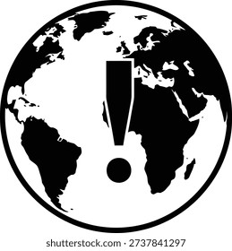 A simple monochrome vector graphic showing the world globe with a large exclamation point in the center, symbolizing a global warning, crisis, or environmental danger.