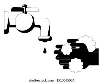  simple monochrome vector illustration of hand washing with water and hand soap.