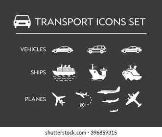 Simple monochrome vector illustration of vehicles and transportation. 
Subjects of illustrations: vehicles, ships, planes.