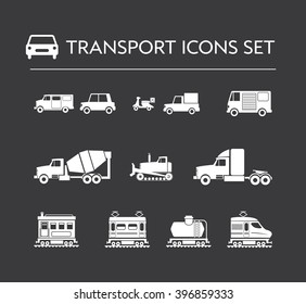 Simple monochrome vector illustration of vehicles and transportation. 
Subjects of illustrations: delivery, construction, train.