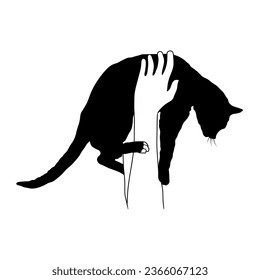 A Simple Monochrome Vector Image Of A Cat Being Carefully Held By Human Hands. Image For T-shirt, etc.