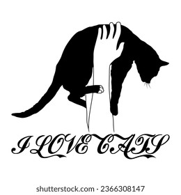 A Simple Monochrome Vector Image Of A Cat Being Carefully Held By Human Hands And The Inscription I LOVE CATS. Image For T-shirt, etc.