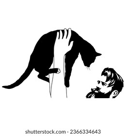 A Simple Monochrome Vector Image Of A Cat Being Carefully Held By Human Hands. Image For T-shirt, etc.