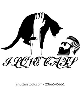A Simple Monochrome Vector Image Of A Cat Being Carefully Held By Human Hands And The Inscription I LOVE CATS. Image For T-shirt, etc.