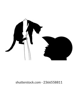 A Simple Monochrome Vector Image Of A Cat, Which Is Carefully Held By The Hands Of A Woman. Image For T-shirt, etc.