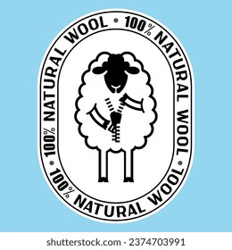 Simple monochrome vector image of an emblem with a funny sheep with the inscription 100% NATURAL WOOL