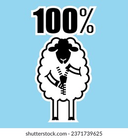 Simple Monochrome Vector Image Of A Funny Sheep With The Inscription 100%, Which Means One Hundred Percent Sheep's Wool