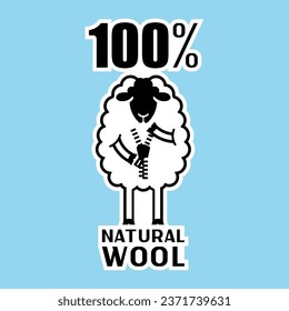 Simple Monochrome Vector Image Of A Funny Sheep With The Inscription 100% NATURAL WOOL, Which Means One Hundred Percent Sheep's Wool