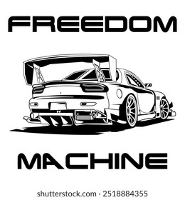 A Simple Monochrome Vector Image Of A Racing Car Wheel On A White Background With Lettering FREEDOM 
MACHINE. T-shirt Image.