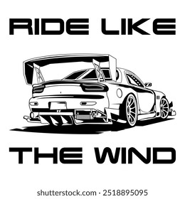 A Simple Monochrome Vector Image Of A Racing Car Wheel On A White Background With Lettering RIDE LIKE 
THE WIND. T-shirt Image.