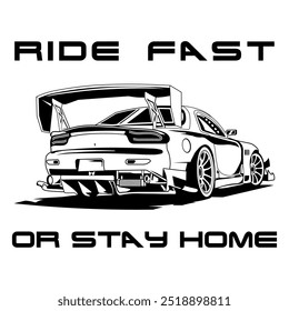 Una Imagen De Vector Monocromo Simple De Una Rueda De Coche De Carreras Sobre Un Fondo Blanco Con Letras RIDE FAST 
O QUÉDATE EN CASA. Imagen de camiseta.