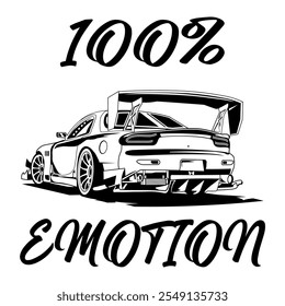 A Simple Monochrome Vector Image Of A Racing Car Wheel On A White Background With Lettering 100% EMOTION. T-shirt Image.