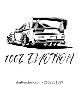 A Simple Monochrome Vector Image Of A Racing Car Wheel On A White Background With Lettering 100% EMOTION. T-shirt Image. Jacket design.