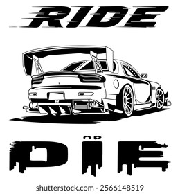 A Simple Monochrome Vector Image Of A Racing Car Wheel On A White Background With Lettering RIDE or DIE. T-shirt Image. Jacket design.