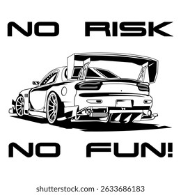 A Simple Monochrome Vector Image Of A Racing Car Wheel On A White 
Background With Lettering NO RISK NO FUN! T-shirt Image. Image For Tattoo. Jacket design.