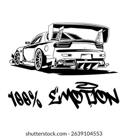 A Simple Monochrome Vector Image Of A Racing Car Wheel On A White 
Background With Lettering 100% EMOTION. T-shirt Image. Image For Tattoo. Jacket design.