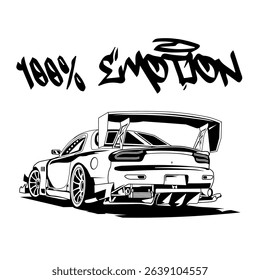 A Simple Monochrome Vector Image Of A Racing Car Wheel On A White 
Background With Lettering 100% EMOTION. T-shirt Image. Image For Tattoo. Jacket design.