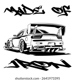 A Simple Monochrome Vector Image Of A Racing Car On A White Background With Lettering MADE OF IRON. T-shirt Image. Image For Tattoo. Jacket design.