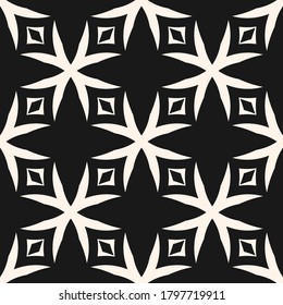 Simple monochrome vector seamless pattern. Black and white geometric ornament texture with crosses, flower silhouettes, stars. Gothic style background. Repeat tileable design for decor, wallpapers