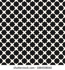 Simple monochrome vector seamless pattern with small curved crosses. Abstract minimal geometric texture. Black and white background. Perforated surface. Dark repeat design for decor, print, wrap, web