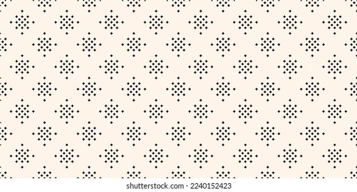 Simple monochrome vector seamless pattern with small diamond shapes, stars, rhombuses, dots. Simple black and white ornament texture. Abstract minimalist geometric background. Repeat modern design 