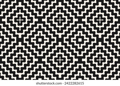 Simple monochrome vector seamless pattern with wavy shapes, squiggly lines, crosses. Funky black and white background texture. Stylish abstract texture. Modern repeated geo design for decor, textile