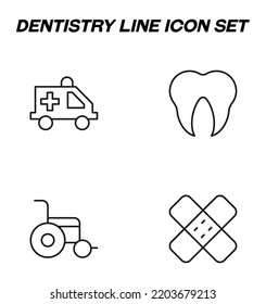 Simple monochrome vector symbols suitable for apps, books, stores, shops etc. Line icons set with signs of ambulance, tooth, medical tape, wheelchair 