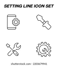Simple monochrome vector symbols suitable for apps, books, stores, shops etc. Line icons set with signs of screwdriver and hammer, gear, cogwheel by smartphone 