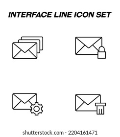 Simple monochrome vector symbols suitable for apps, books, stores, shops etc. Line icons set with signs of gear, lock, trash can next to envelope 