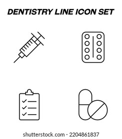 Símbolos monocromáticos sencillos de vectores adecuados para aplicaciones, libros, tiendas, tiendas, etc. Iconos de línea con signos de jeringa, píldoras, medicación, prescripción médica 