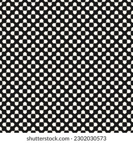 Simple monochrome vector texture, floral geometric seamless pattern. White flower figures on black background, small circles, lines, regular grid. Dark abstract design for print, textile, decor, wrap