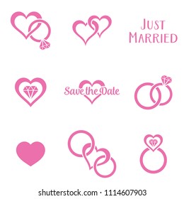 Simple monochrome wedding symbols with rings and hearts