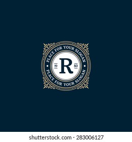 Simple monogram design template with letter R. Elegant frame ornament line logo design. Good for Restaurant, Boutique, Hotel, Heraldic, Jewelry.