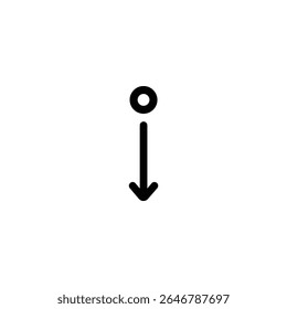 Uma simples seta monolina apontando para baixo, originando-se de um círculo oco, simbolizando um ponto de partida ou direção. Isolado no branco.