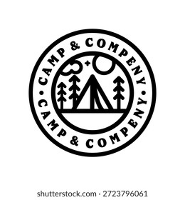 Logotipo monoline simple del camping con la tienda y los árboles para la marca al aire libre