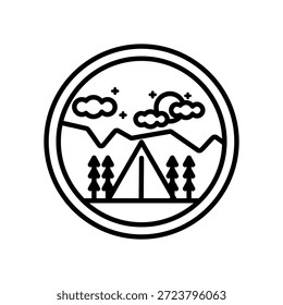 Logotipo monoline simple del camping con la tienda y los árboles para la marca al aire libre