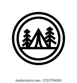 Logotipo monoline simple del camping con la tienda y los árboles para la marca al aire libre