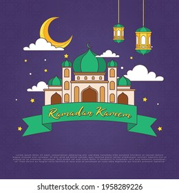 Simple monoline cartoon ramadan kareem ornament with bright color vector illustration. mosque and month drawn line simple. background eid mubarak