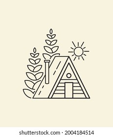 simple monoline design lodge, trees and bright sun