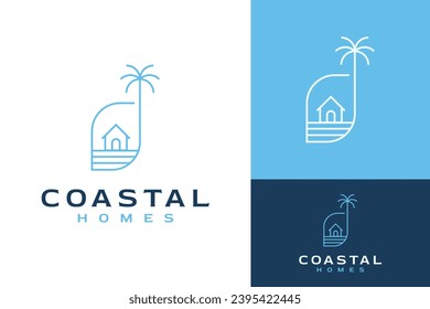 Simple Monoline House Home Palm Tree Beach Coastal Emblem Logo Design Branding Template