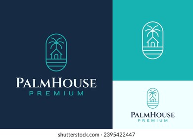 Simple Monoline House Home Palm Tree Beach Emblem Logo Design Branding Template