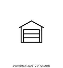 A simple monoline icon of a garage with a large door. Outline symbol for home car storage or residential property. Isolated on a white background.