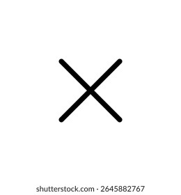 Icono monolíneo simple de una marca X o cruz, formado por dos líneas diagonales que se cruzan, utilizadas para cerrar o Borrar. Aislado en un fondo blanco.