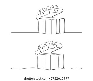 Simple monoline line art illustration of an open present box. Minimalist black and white hand drawn design, perfect for celebration, surprise, gift, holiday, and special occasion concepts.