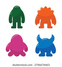 Simple monster character set with green, orange, pink and blue shapes, minimal cute aliens for preschool worksheets, storybook pages, stickers